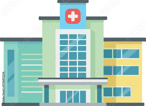 Modern Hospital Building Illustration with Red Cross Symbol