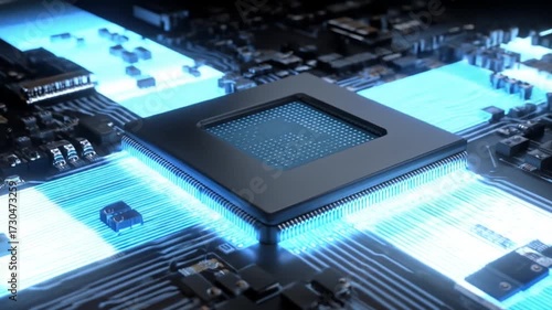 Close up of a microchip glowing with electric blue light