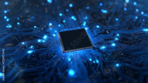 Close up of a computer chip with glowing blue digital network