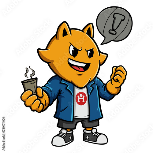 Energetic fox mascot holding a coffee cup, modern gaming character vector