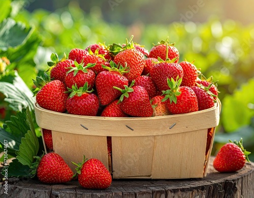 Fresh Red Strawberries in Wooden Basket Outdoors