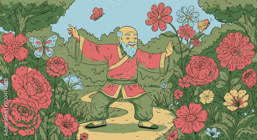 Peaceful Serenity An Elderly Man Practices Gentle Tai Chi in a Whimsical, Colorful Flower Garden Filled with Blooming Blossoms and Graceful Butterflies