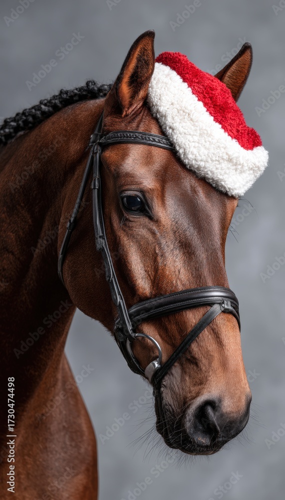 Fototapeta premium Brown Horse with Braided Mane and Santa Hat in Studio Photography