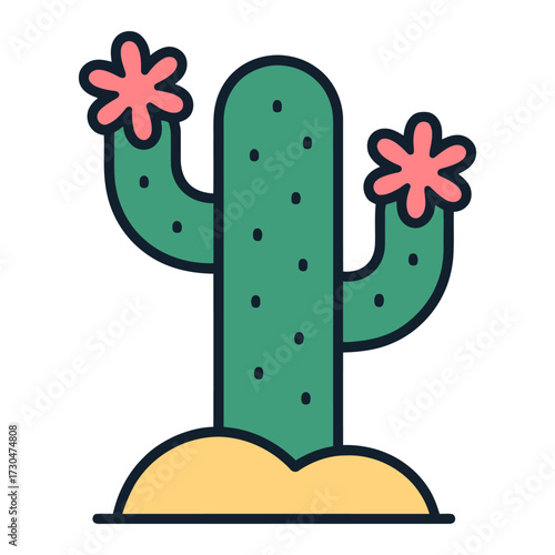 A cartoon cactus with pink flowers on top. The cactus is green and has a brown stem. Vector.