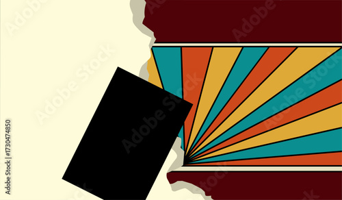 Silhouette Tearing Paper To Reveal Vibrant Retro Sunburst Poster Design Colorful Geometric Artwork