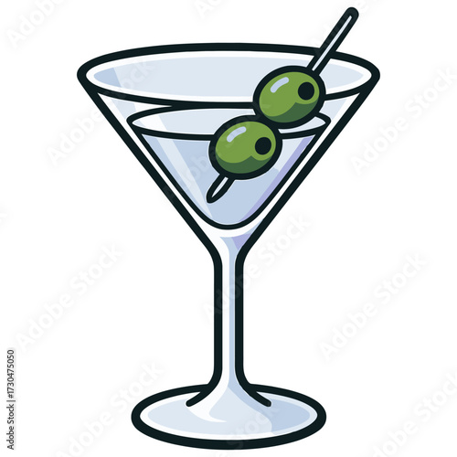 A glass of martini with olives on top. The glass is half full. The olives are green and the martini is clear. Vector.