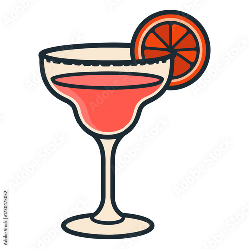 A colorful drink with a slice of orange on top is served in a martini glass. The drink is pink and looks refreshing. Vector.