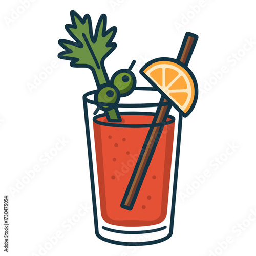 A glass of Bloody Mary with a lemon wedge and celery leaves. The celery leaves are green and the lemon is yellow. Vector.