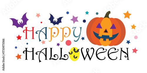 Colorful “Happy Halloween” typography with festive bats, pumpkin, moon face, stars, and spooky fonts in a playful seasonal design
