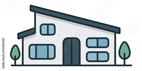 A large white house with a blue roof and a tree in front of it. The house has a modern design and is situated in a suburban area. Vector.