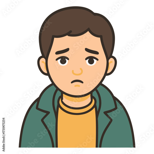 A boy is looking sad and is wearing a green jacket. He is frowning and has his head down. Vector.