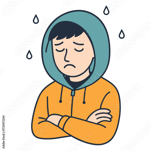 A boy is wearing a hoodie and looking sad. He is crossing his arms and looking down. Vector.