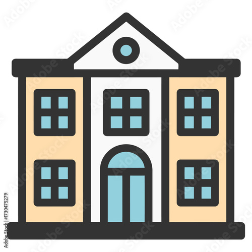A large building with a white roof and a blue trim. The building has a lot of windows and a large archway. Vector.