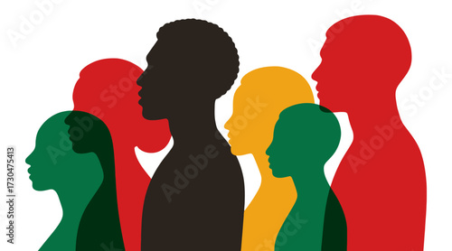 A group of people are silhouetted against a white background. The people are of different races and colors. Concept of unity and diversity. Vector.