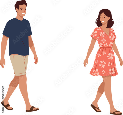 Summer couple, leisurely walk, outdoor stroll, beachwear, casual clothing, warm weather, relaxed tourism, vacation, flip-flops, floral dress