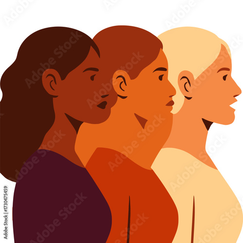 Three women of different skin tones stand side by side. The women are of different ages and have different hair colors. Vector.