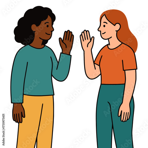 Two women are shaking hands. One is wearing a blue shirt and the other is wearing an orange shirt. Vector.