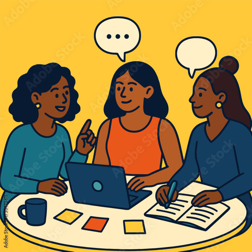 Three women are sitting around a table with a laptop and a notebook. They are smiling and seem to be having a good time. The laptop is open. Vector.