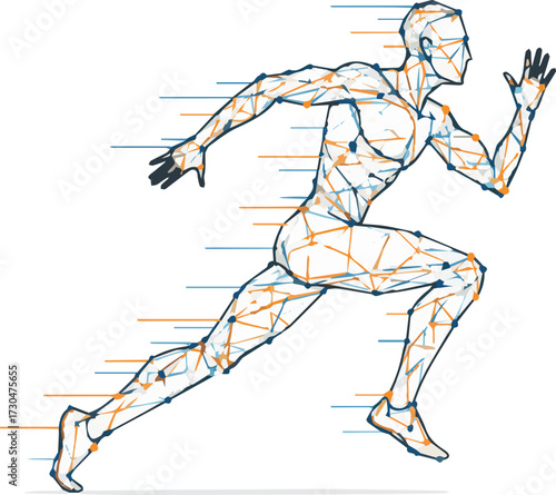Dynamic abstract runner silhouette conveying speed and progress with futuristic polygonal network design and motion lines