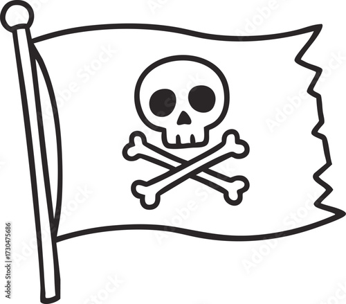A skull and crossbones black and white pirate flag