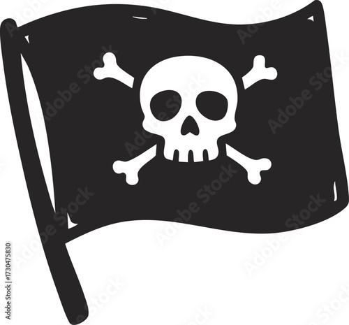 A skull and crossbones black and white pirate flag