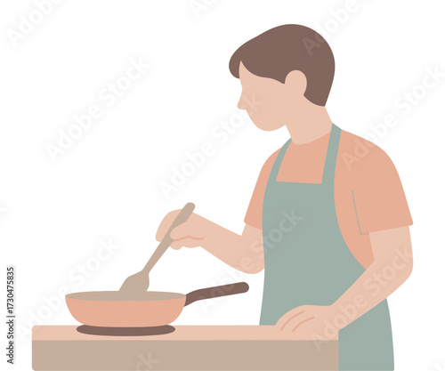 A man is cooking food in a pan on a stove. He is wearing an apron and holding a wooden spoon. Concept of warmth and comfort. Vector.
