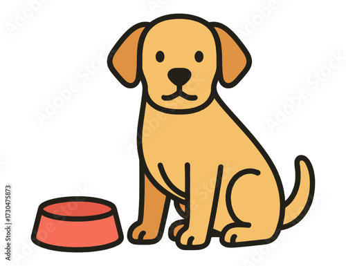 A cartoon dog is sitting in front of a red bowl. The dog is looking at the camera and he is hungry. Vector.