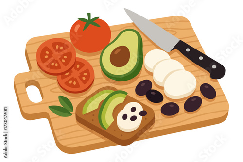 A wooden cutting board with a variety of food items including avocado, tomatoes, and olives. Concept of freshness and healthiness. Vector.