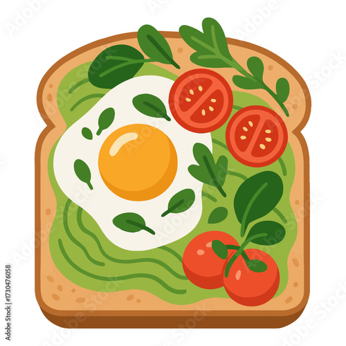 A toasted bread with an egg and tomatoes on top. The bread is brown and the egg is yellow. The tomatoes are red. Vector.