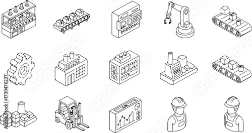 Industrial Manufacturing and Logistics Isometric Line Art Icons Set