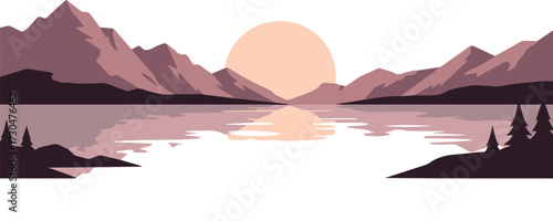 Serene mountain lake vista with warm sunrise glow reflecting on calm water and silhouetted pine trees creating tranquil atmosphere
