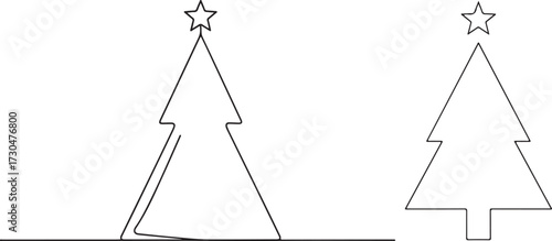 Minimalist Line Art Christmas Trees with Stars Outline on White Background