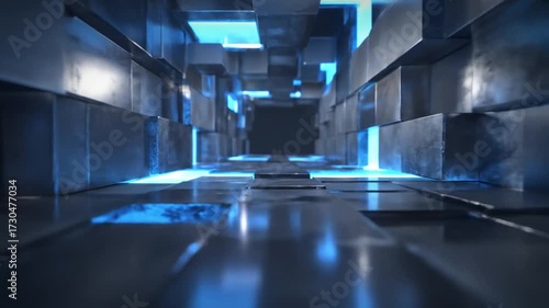 Abstract tunnel structure with blue neon lights and metallic textures