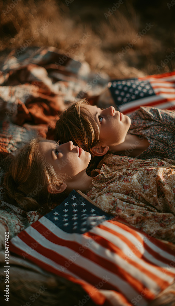 Fototapeta premium Siblings Relax on Picnic Blanket with American Flags in Serene Setting