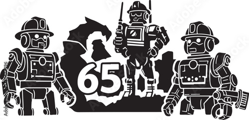 Industrial Robots with Helmets and a Dragon Silhouette Featuring Number Sixty-Five