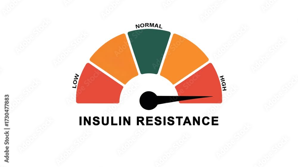 Animated insulin resistance level meter moving from high level to normal level, ideal for concepts related to diabetes management, metabolic health, and blood sugar control