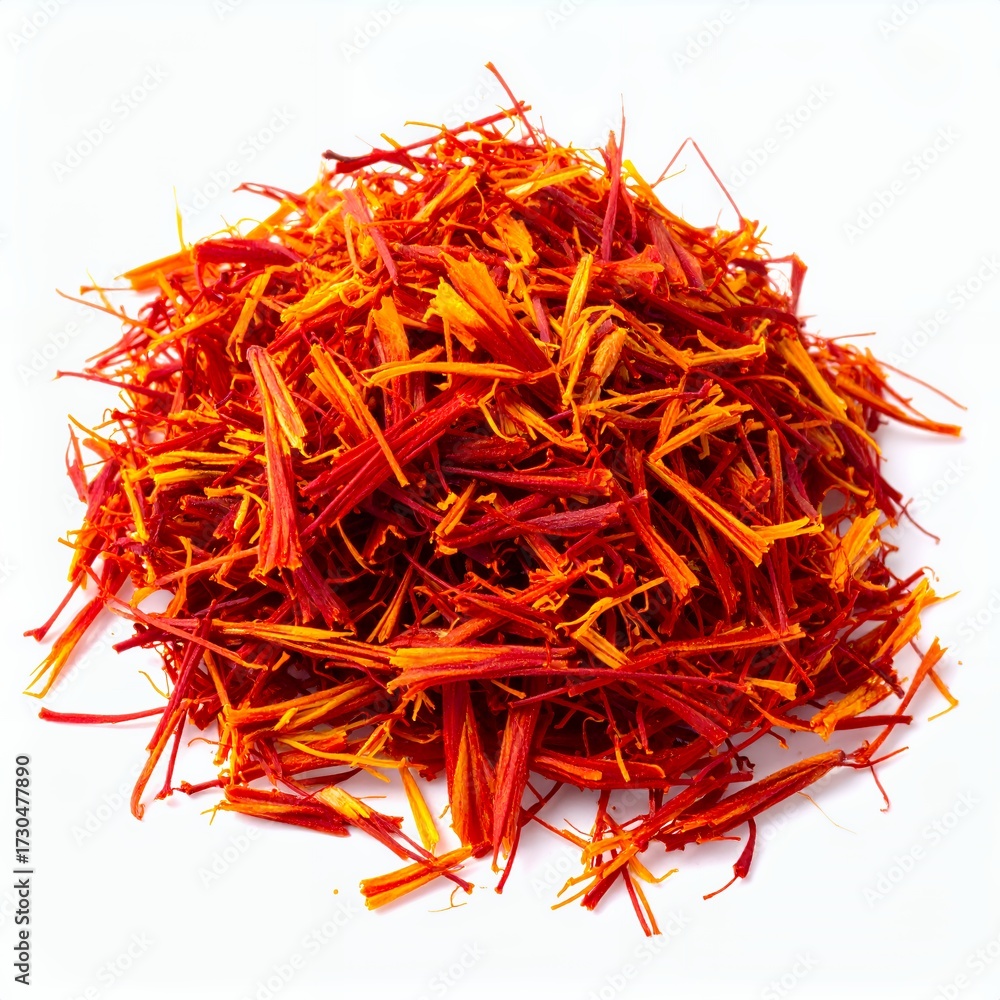 Fototapeta premium Delicate strands of saffron spice against a clean white canvas showcasing vibrant colors