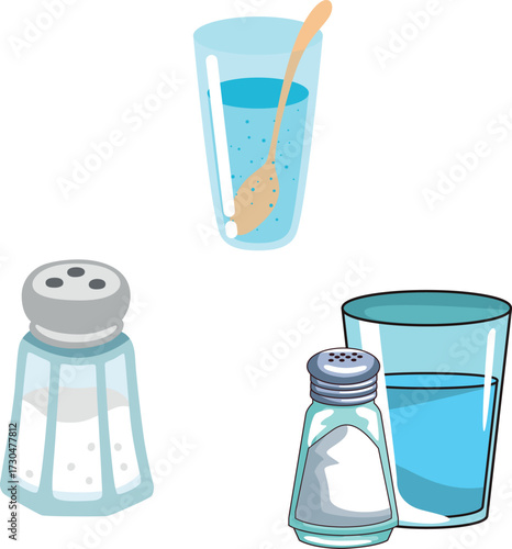 Green and white sea salt powder vector, with spoon and shaker, scattered natural mineral piles, ideal for cooking, kitchen, or food-themed designs.