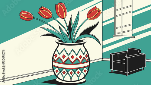 3D Tulips in Patterned Ceramic Vase with Turquoise Gradient Background for Clean Minimal Decorative Floral Art