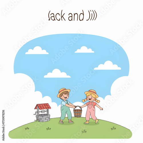 Energetic vector of Jack and Jill running with a bucket from a well. A lively take on the classic rhyme for kids’ stories and educational designs.