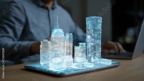 Digital cityscape hologram displayed on a tablet in hands