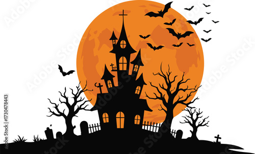 Spooky haunted house silhouette with bats flying under a giant orange moon, perfect for Halloween party invitations and decorations.