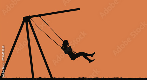 Joyful silhouette of a young person swinging high, embracing freedom and carefree childhood moments against a warm, vibrant sky