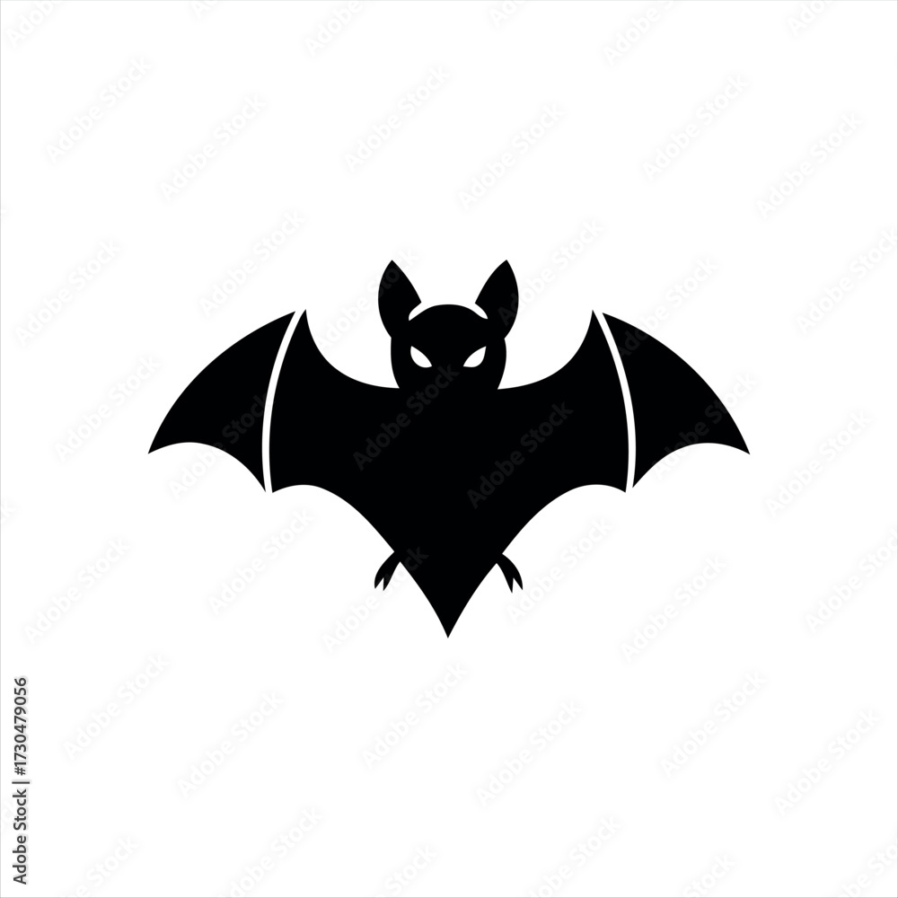 Fototapeta premium A simple glyph-style Halloween bat icon in solid black with white background, featuring a flying bat silhouette with spread wings, ideal for holiday graphics, spooky themes, and festive branding
