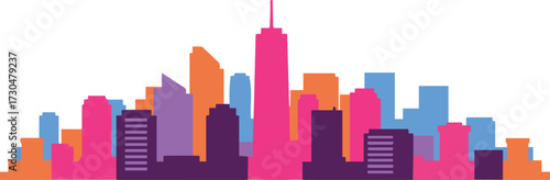 Vibrant cityscape silhouette bursting with colorful modern skyscrapers creating an energetic urban panorama