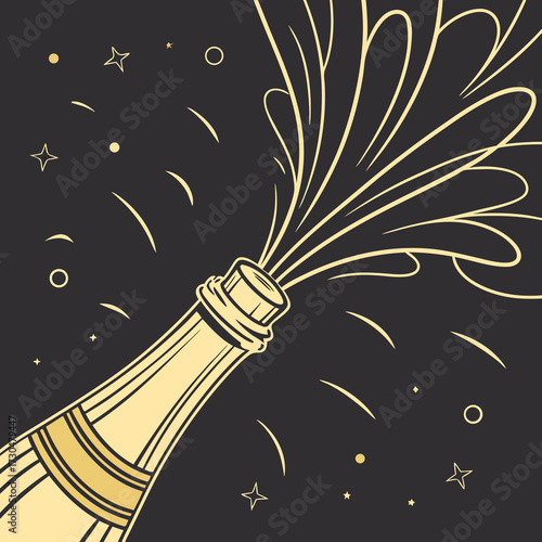 Elegant champagne bottle popping with sparkling celebration, perfect for New Year's Eve, festive occasions, or luxury brand promotions, originally vector