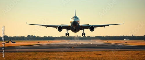 Airplane ascending from runway, wheels leaving ground,  wings,  runway