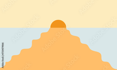 Minimalist illustration of a sunset or sunrise over a calm sea with a stepped sandy hill in the foreground, featuring soft pastel colors.