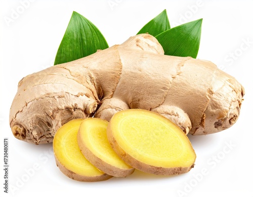 Fresh Ginger Root Slices with Green Leaves