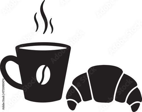 Start your morning right with a steaming hot coffee cup and a delicious flaky croissant, perfect for breakfast or a quick treat.